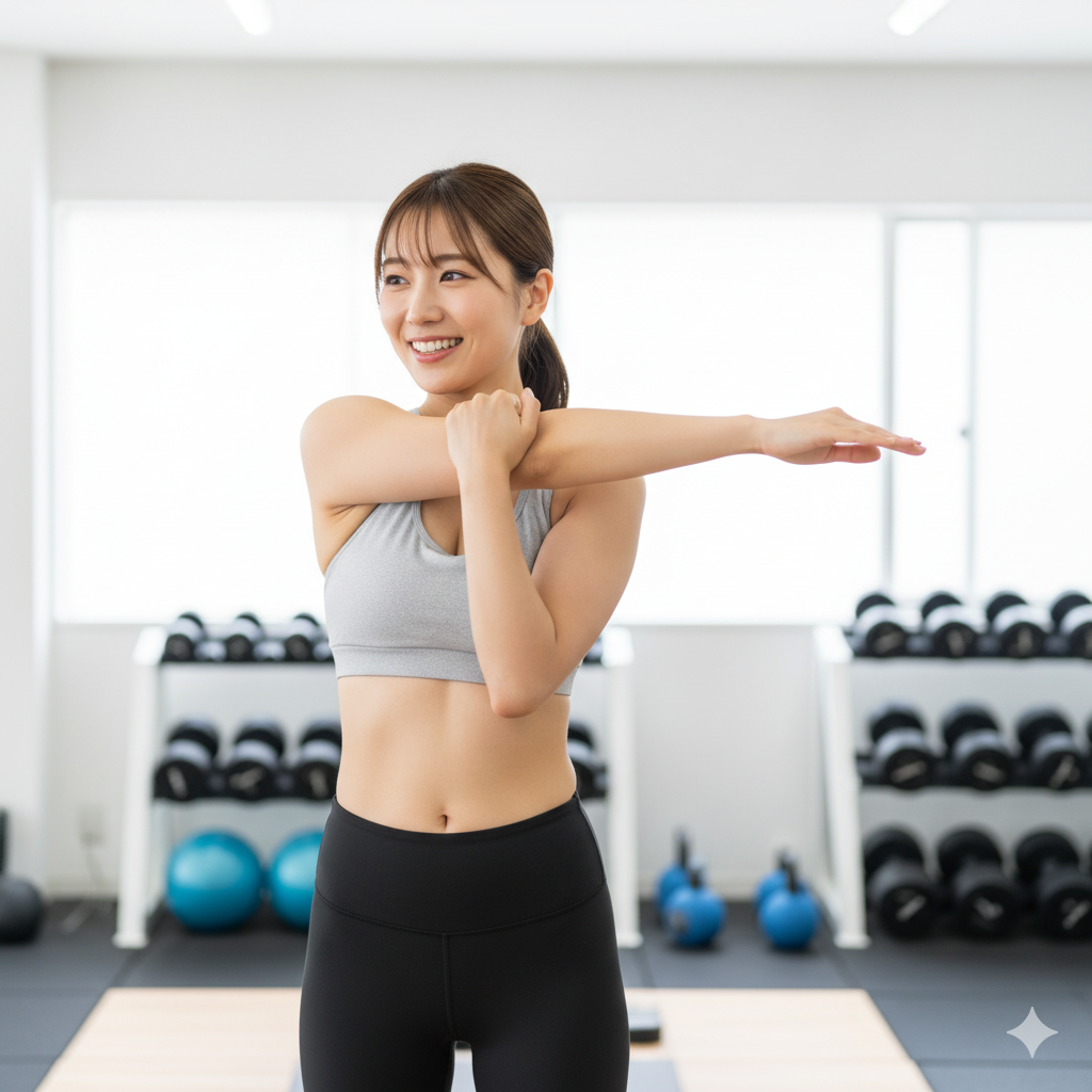 筋肉痛を感じながらもジムで笑顔でストレッチする20代女性の写真イメージ
