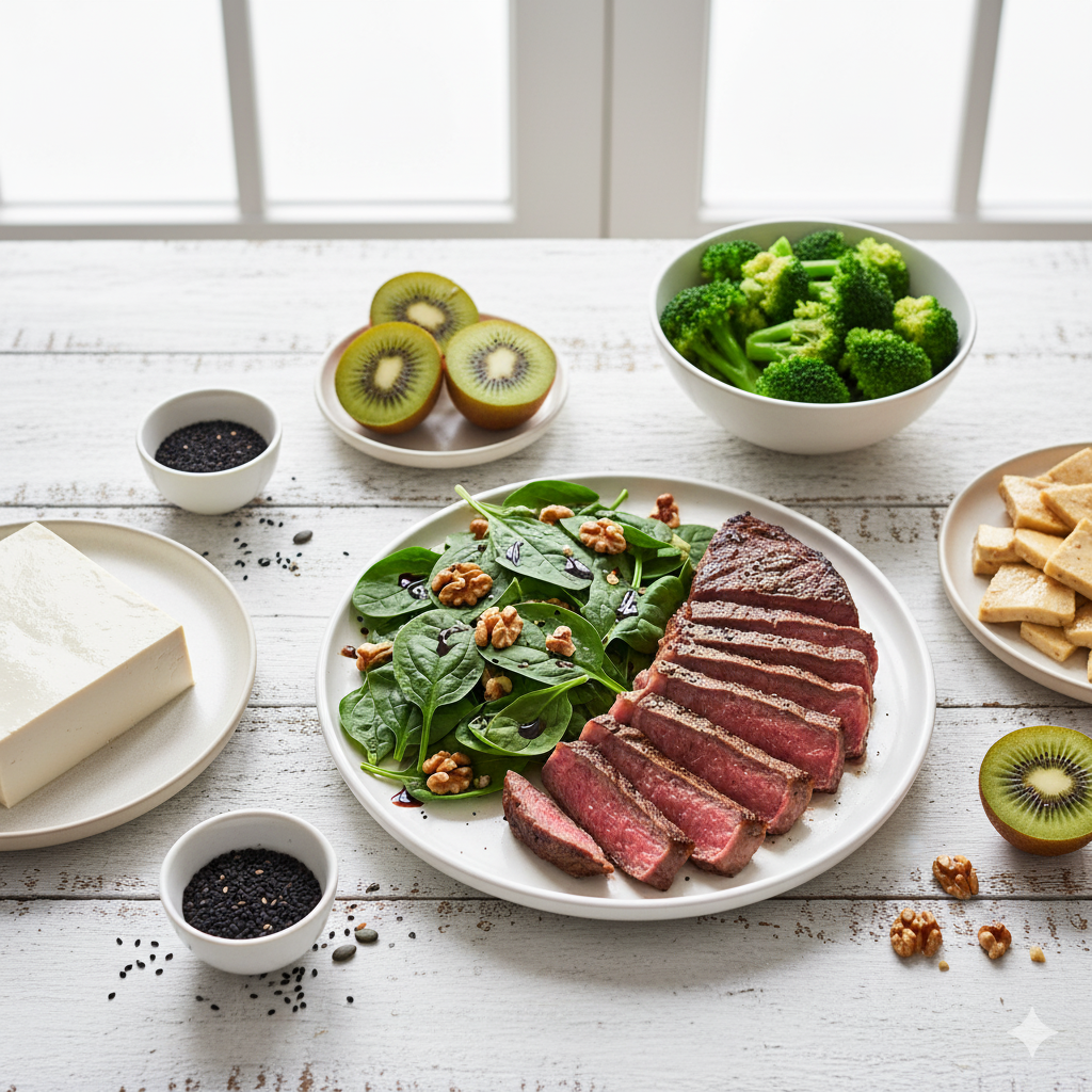 鉄分とビタミンCをバランスよく含む食事例。赤身肉やサラダ、フルーツが並んだ健康的な食卓の様子