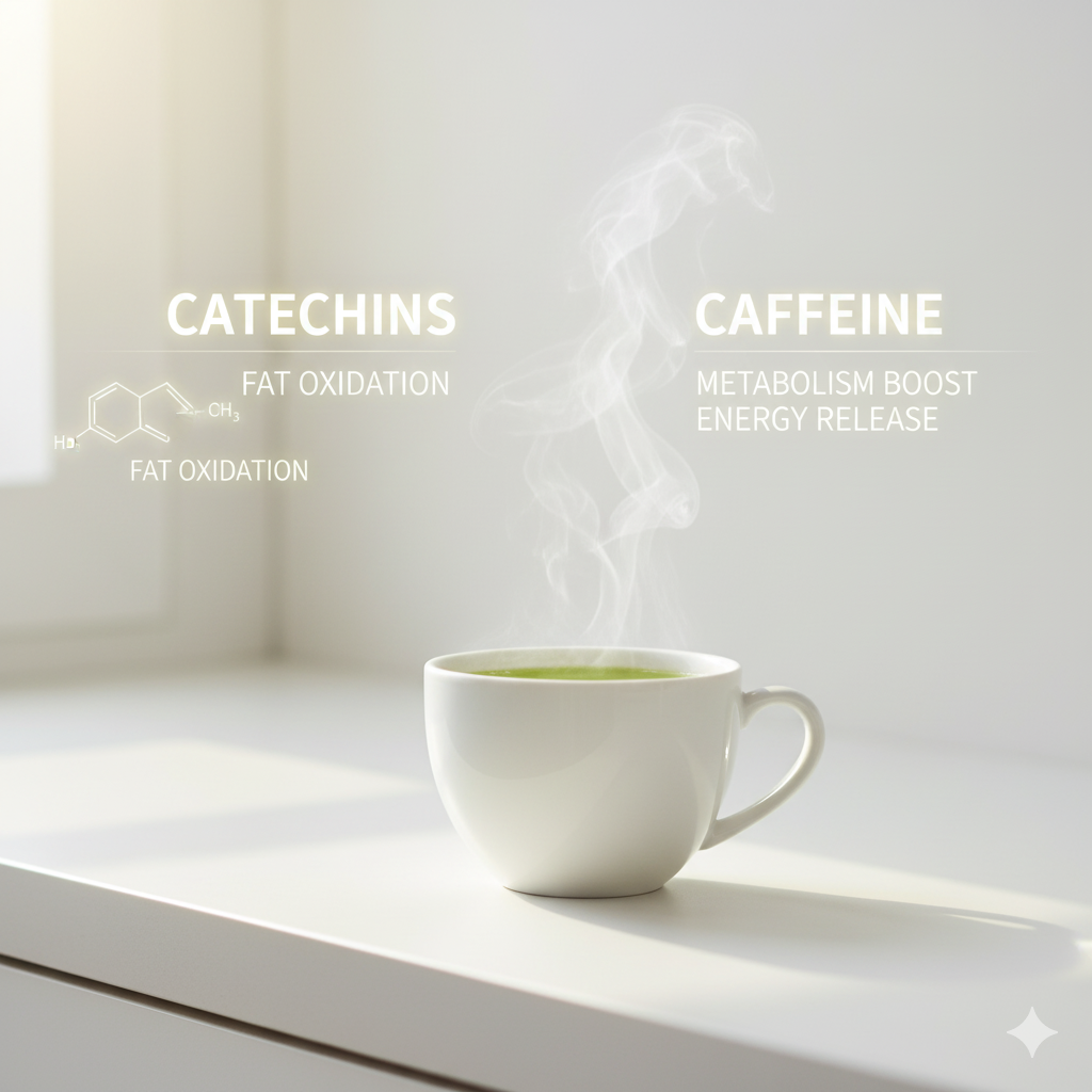 緑茶のカップから湯気が立ち上るリアルな写真。脂肪燃焼や代謝促進のメカニズムを象徴するクリーンな構図。