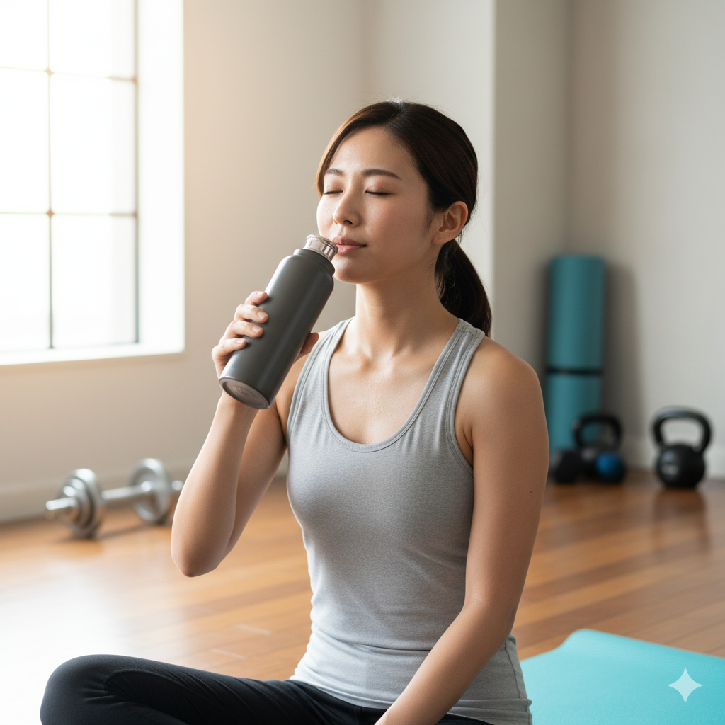 筋トレ後に水分補給をしながら休息をとる女性トレーニー