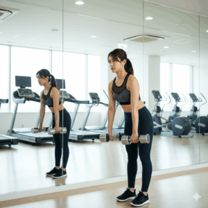 20代女性がジムでダンベルを使い、ネガティブトレーニングを行っている様子