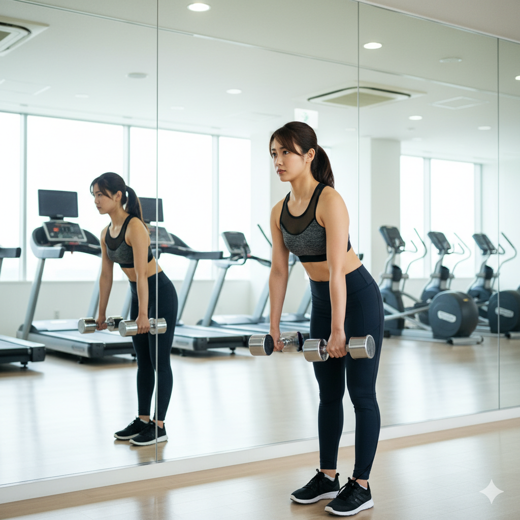 20代女性がジムでダンベルを使い、ネガティブトレーニングを行っている様子