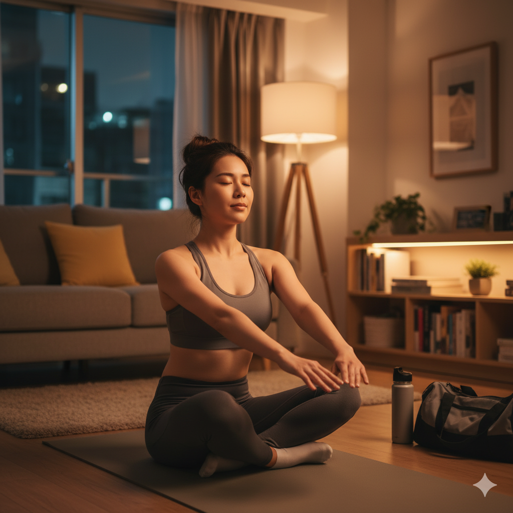 トレーニング後にストレッチと深呼吸で疲労回復を促す日本人女性。鉄分と休息で体を整える様子。