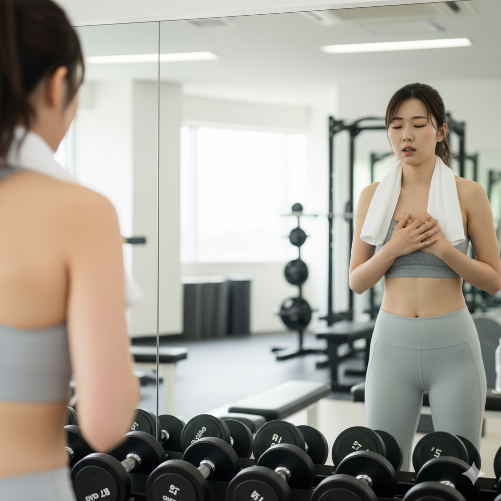 筋トレ中に息切れを感じて胸に手を当てる日本人女性。スポーツ性貧血をイメージしたシーン。