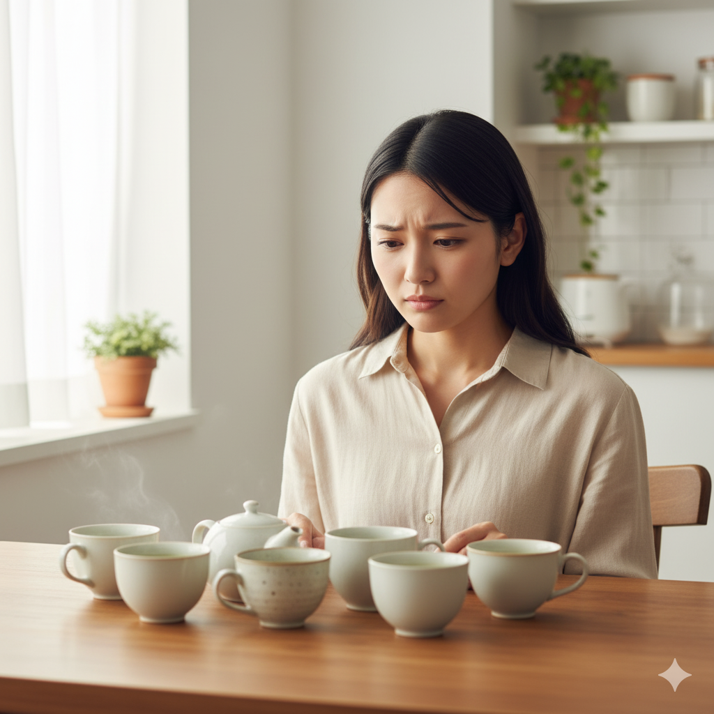 テーブルの上に複数の緑茶カップを並べ、飲みすぎを気にする女性のリアルな写真。健康と節度を意識するイメージ。