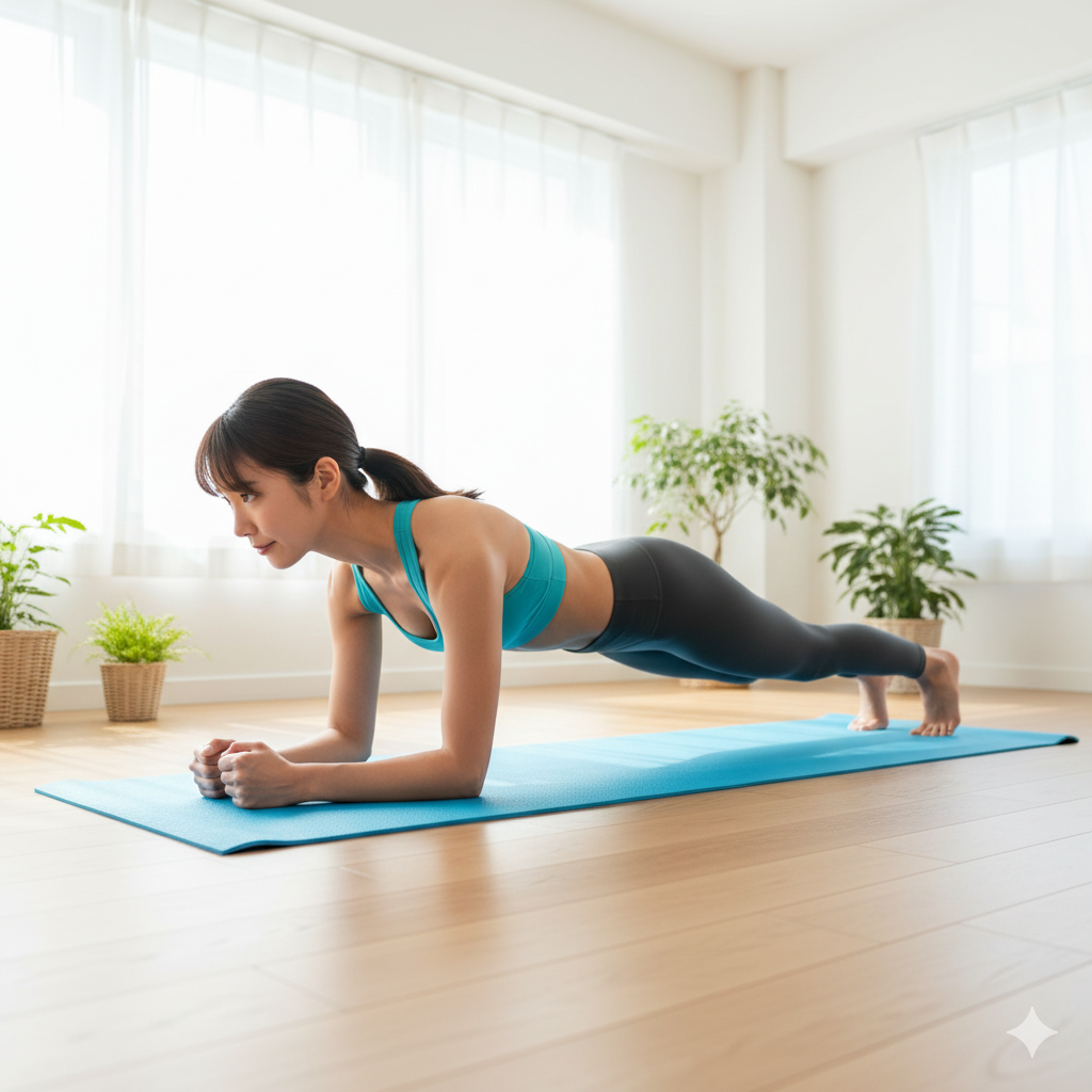 ヨガマットの上でプランクを行う20代女性