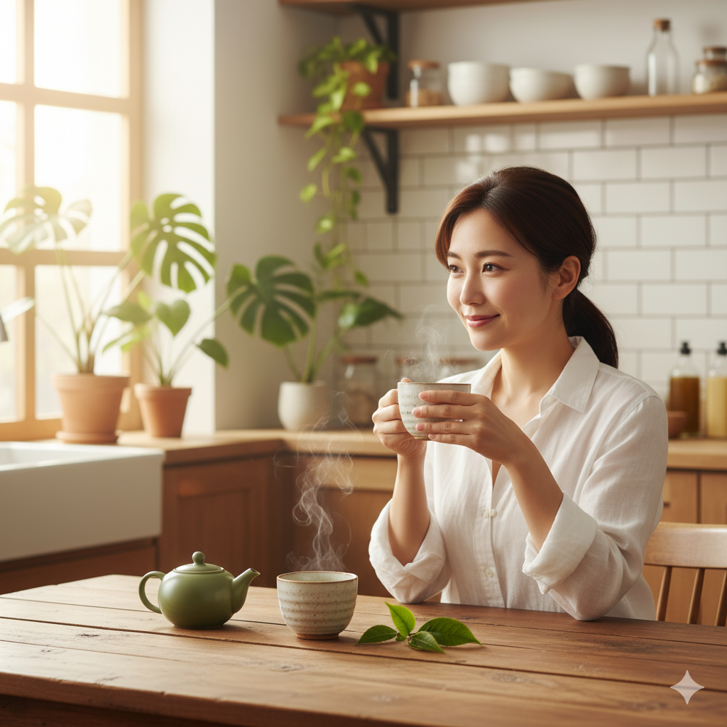 緑茶のカップとメジャーカップを並べた脂肪燃焼イメージ。カテキンによる代謝アップを表現した清潔感ある写真。