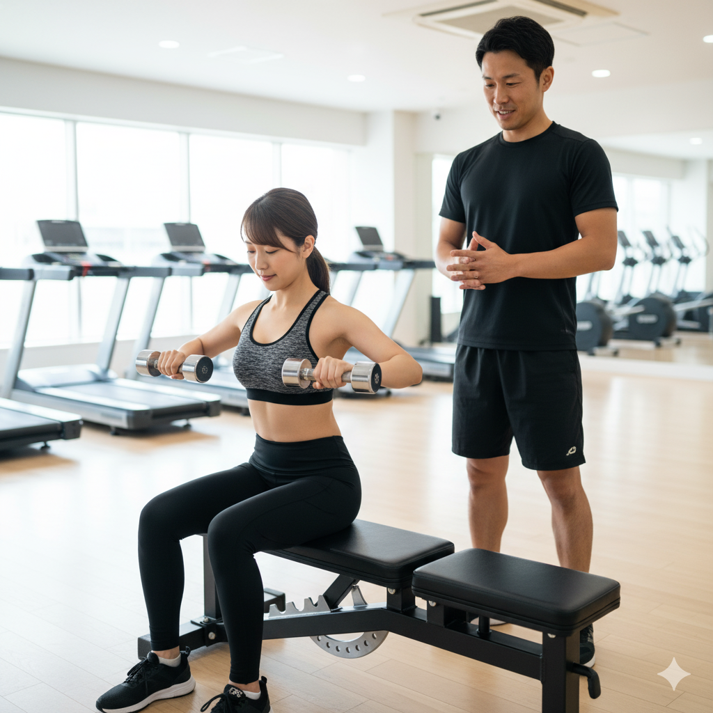 20代女性が補助者と一緒に正しいフォームでネガティブトレーニングを行っている様子