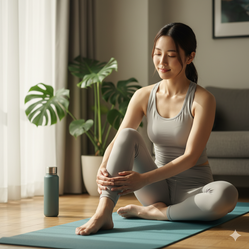 トレーニング後に太ももの震えを感じながらストレッチをする女性