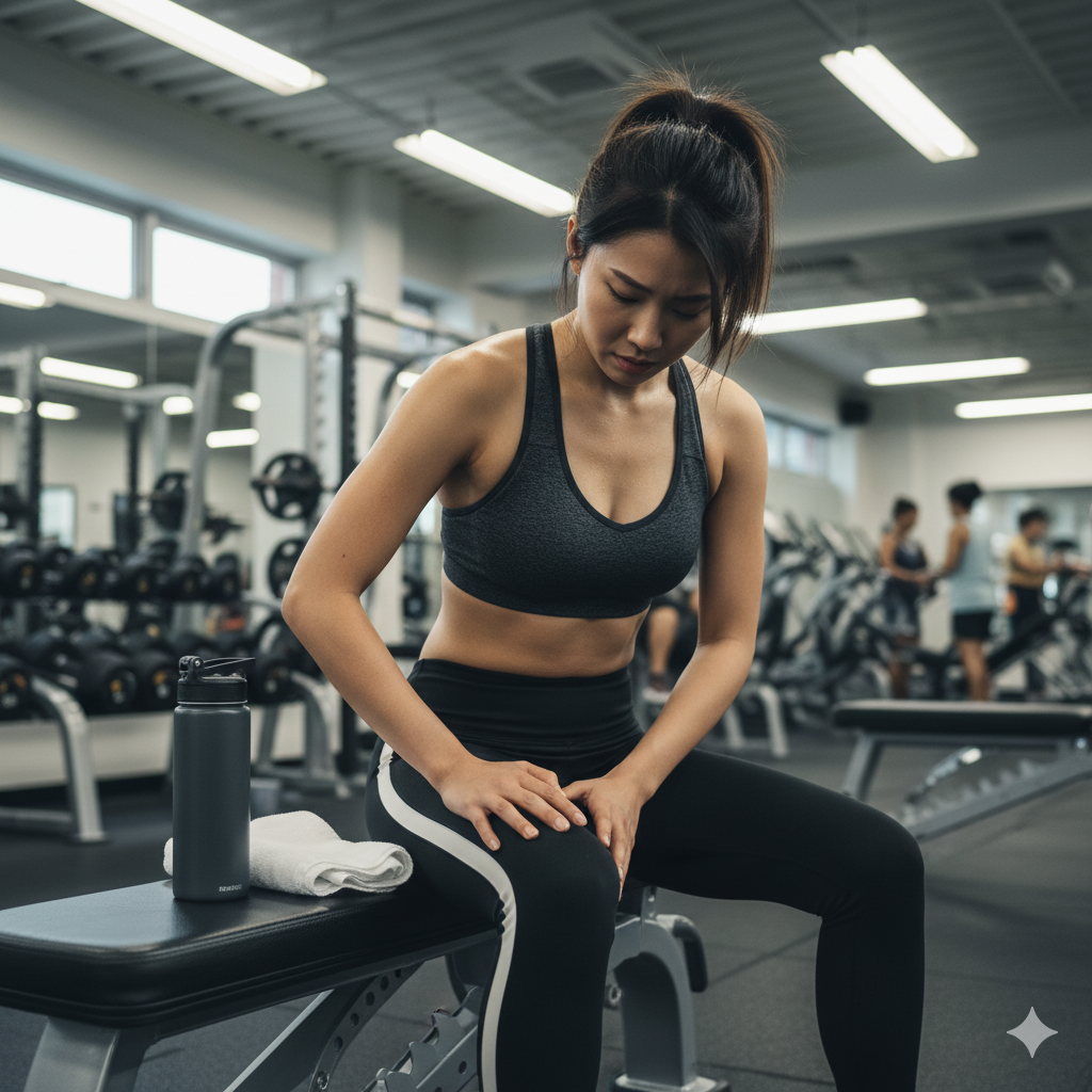 トレーニング後に筋肉の震えを感じ、不安そうに休む女性