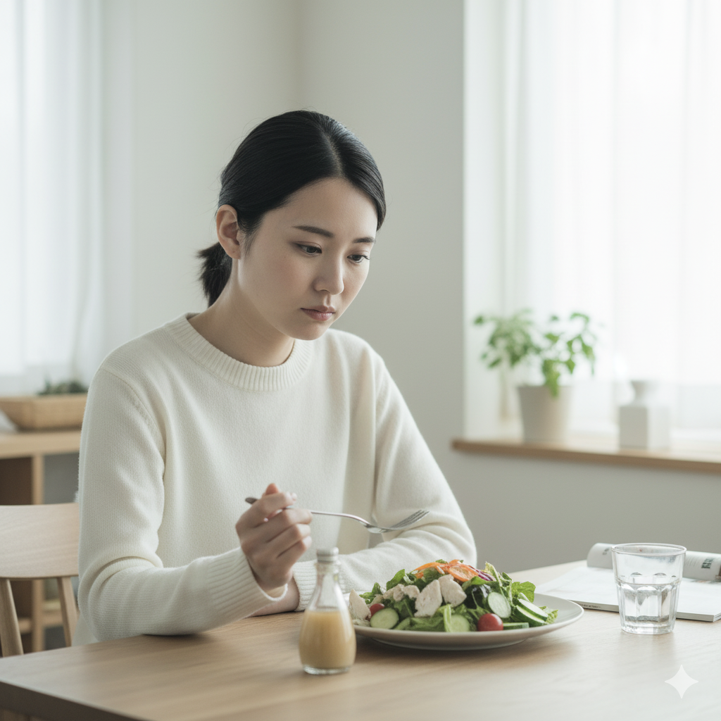 サラダだけの食事を見つめて鉄分不足に気づく日本人女性。過度なダイエットによる栄養不足を表すイメージ。