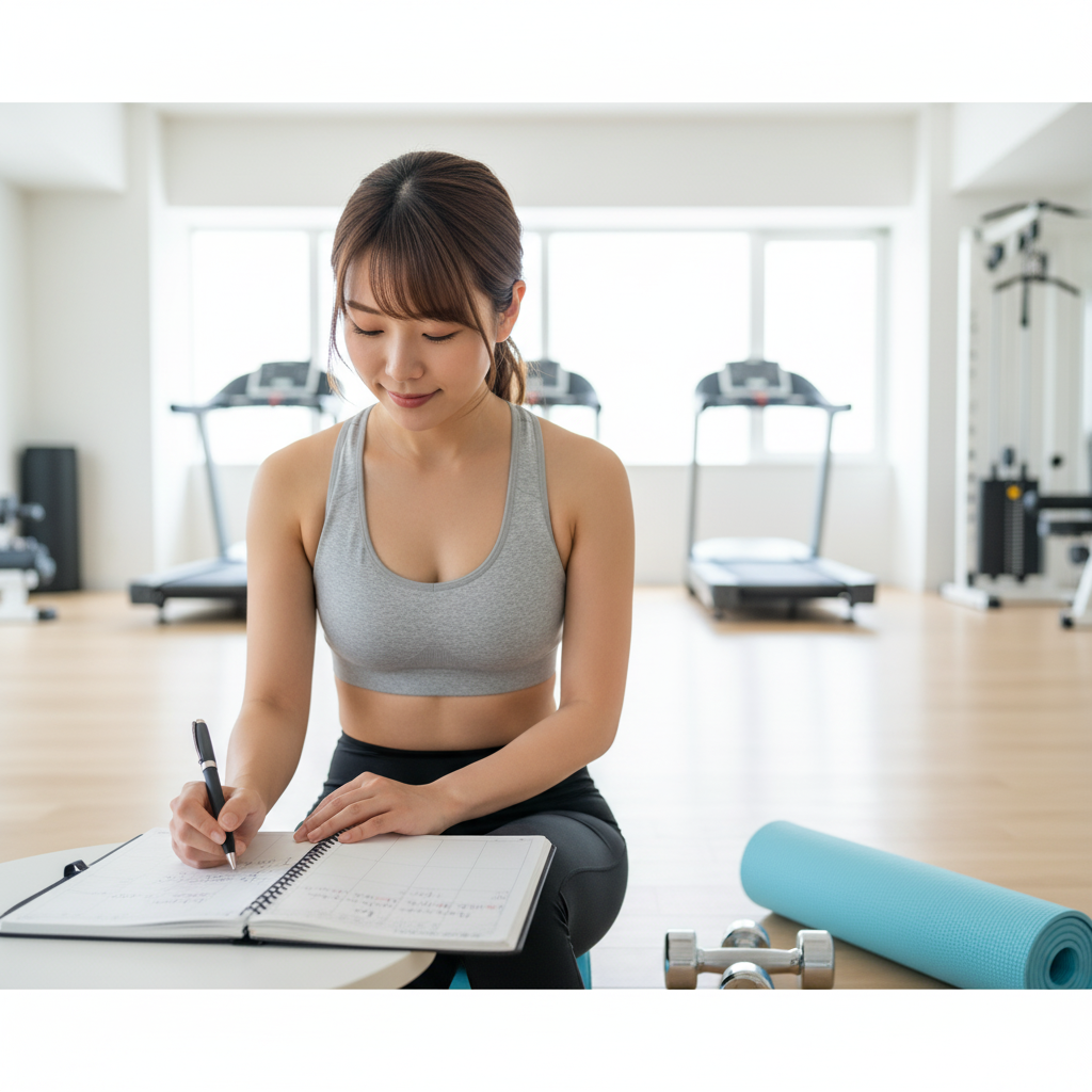 20代女性がトレーニングスケジュールを立てながらネガティブトレーニングを継続しようとしている様子
