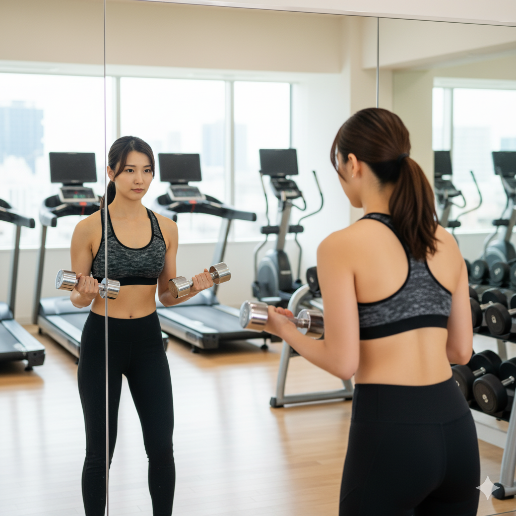 20代女性が鏡を見ながら集中してネガティブトレーニングを行っている様子