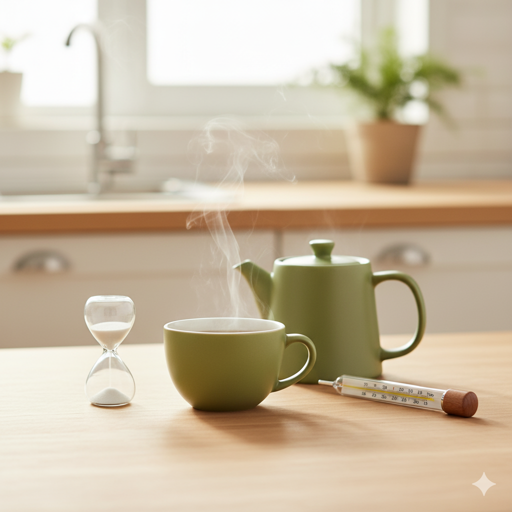 湯気の立つ緑茶のカップとティーポットが置かれた木のテーブル。温度計と砂時計が並ぶリアルな写真で、正しい飲み方を象徴。
