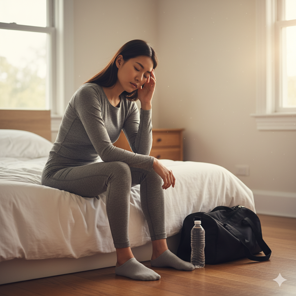 ベッドに座って疲れた表情で額に手を当てる女性。背景にはジムバッグと水筒が置かれている。
