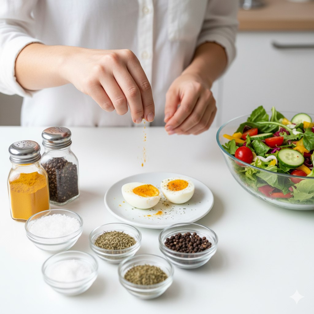 白いキッチンテーブルで、ゆで卵にハーブソルトをかける女性の手元と、横に置かれたカラフルなサラダボウルが写るシーン