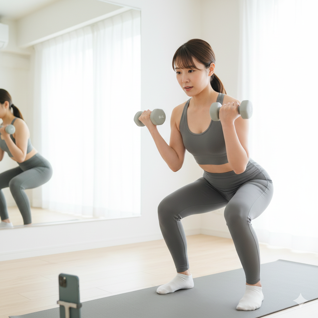 20〜30代の女性が自宅でチューブやペットボトルを使い、低負荷トレーニングを丁寧に行っている様子の写真。
