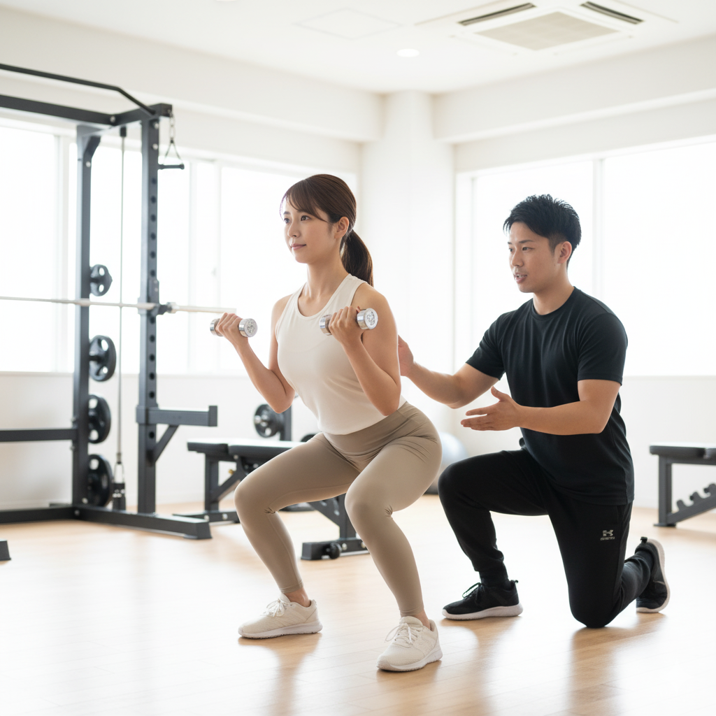 ジムの鏡を見ながら正しいフォームを確認する女性。トレーニング中に姿勢を意識している様子。