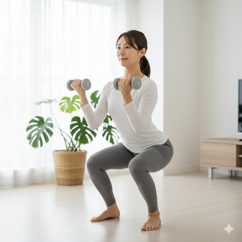 20〜30代の女性が軽いダンベルを使って正しいフォームで低負荷トレーニングを行っている様子の写真。
