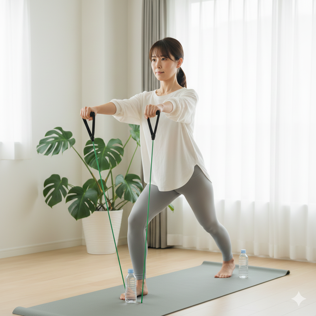 20〜30代の女性が自宅でチューブやペットボトルを使い、低負荷トレーニングを丁寧に行っている様子の写真。

