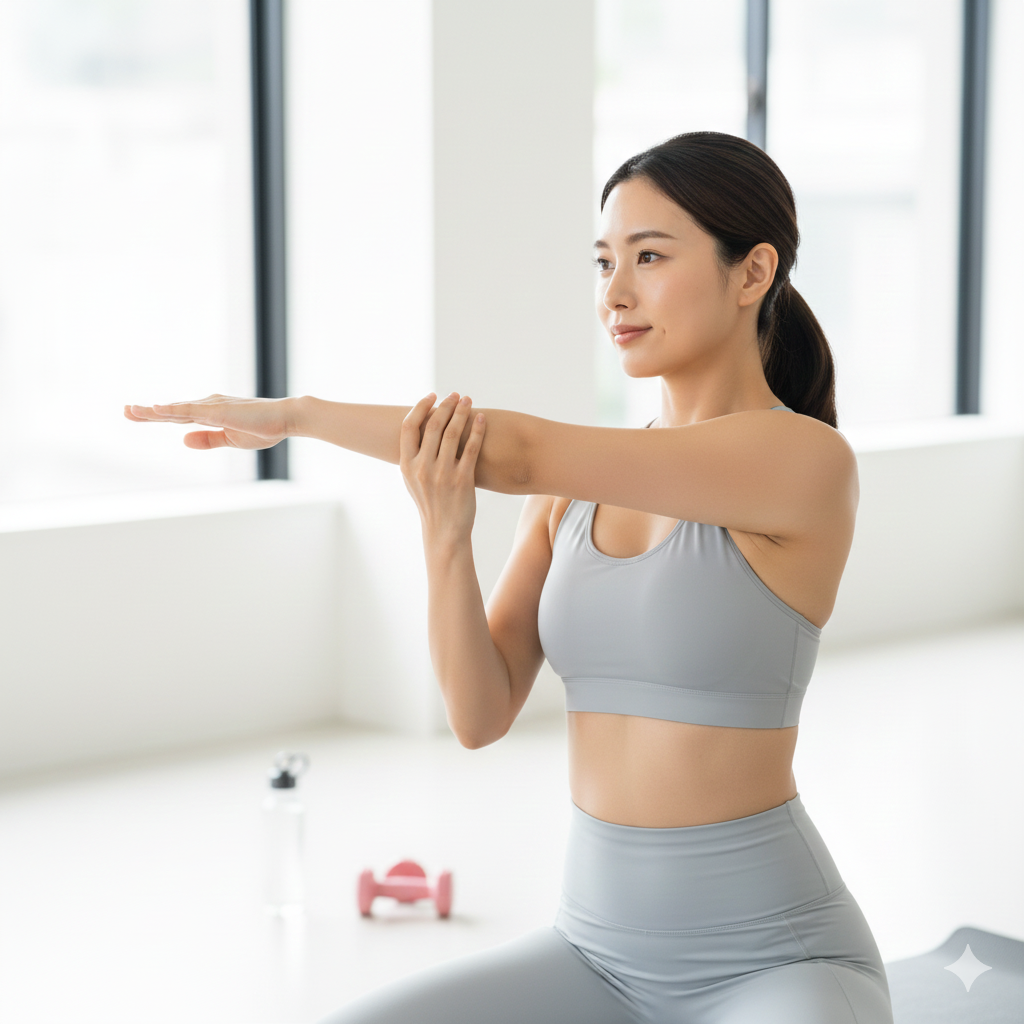 軽い筋トレやストレッチを行い、健康的な肌を見せる20〜30代女性の写真。
