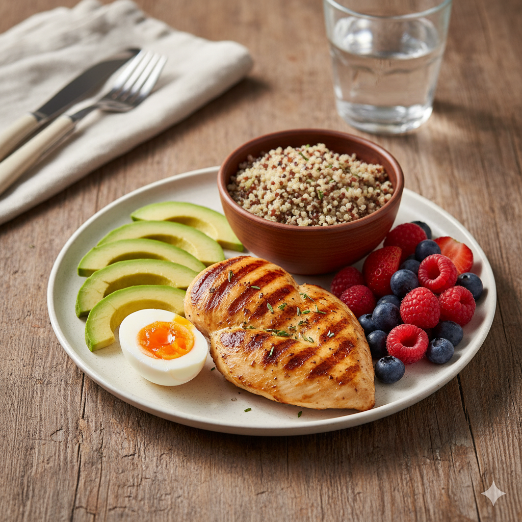 鶏むね肉、ゆで卵、アボカド、キヌア、ベリーを盛り付けたバランスの良い食事プレート。
