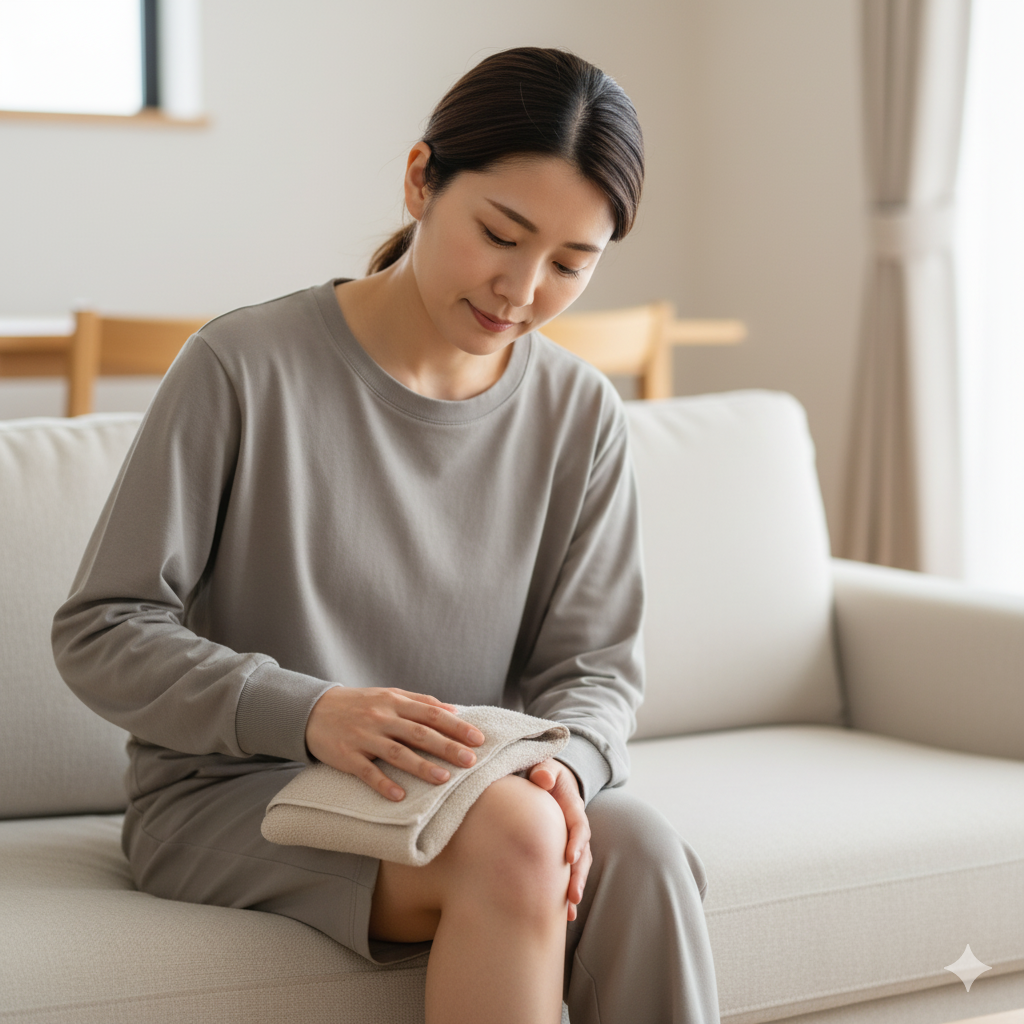 筋トレ後にできたあざを冷やす女性。タオルで包んだ保冷剤を太ももに当ててケアしている様子。