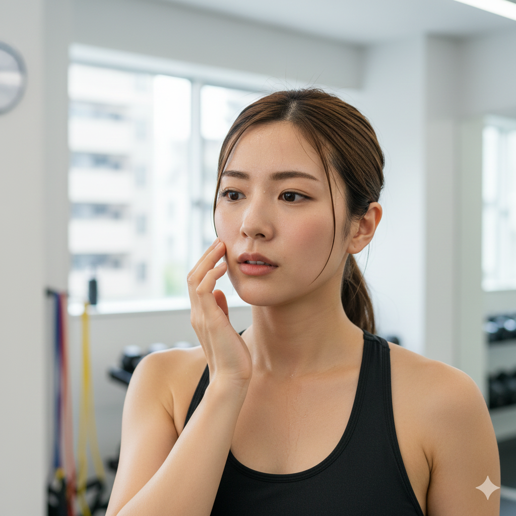 トレーニング中に汗をかき、肌の状態を気にしている20〜30代女性の様子を写した写真。
