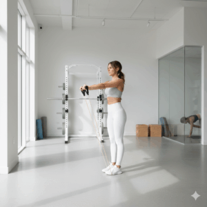 清潔感のあるジムで、20〜30代の女性が軽めのトレーニングを行いながら健康的な肌を見せている様子を写した写真。