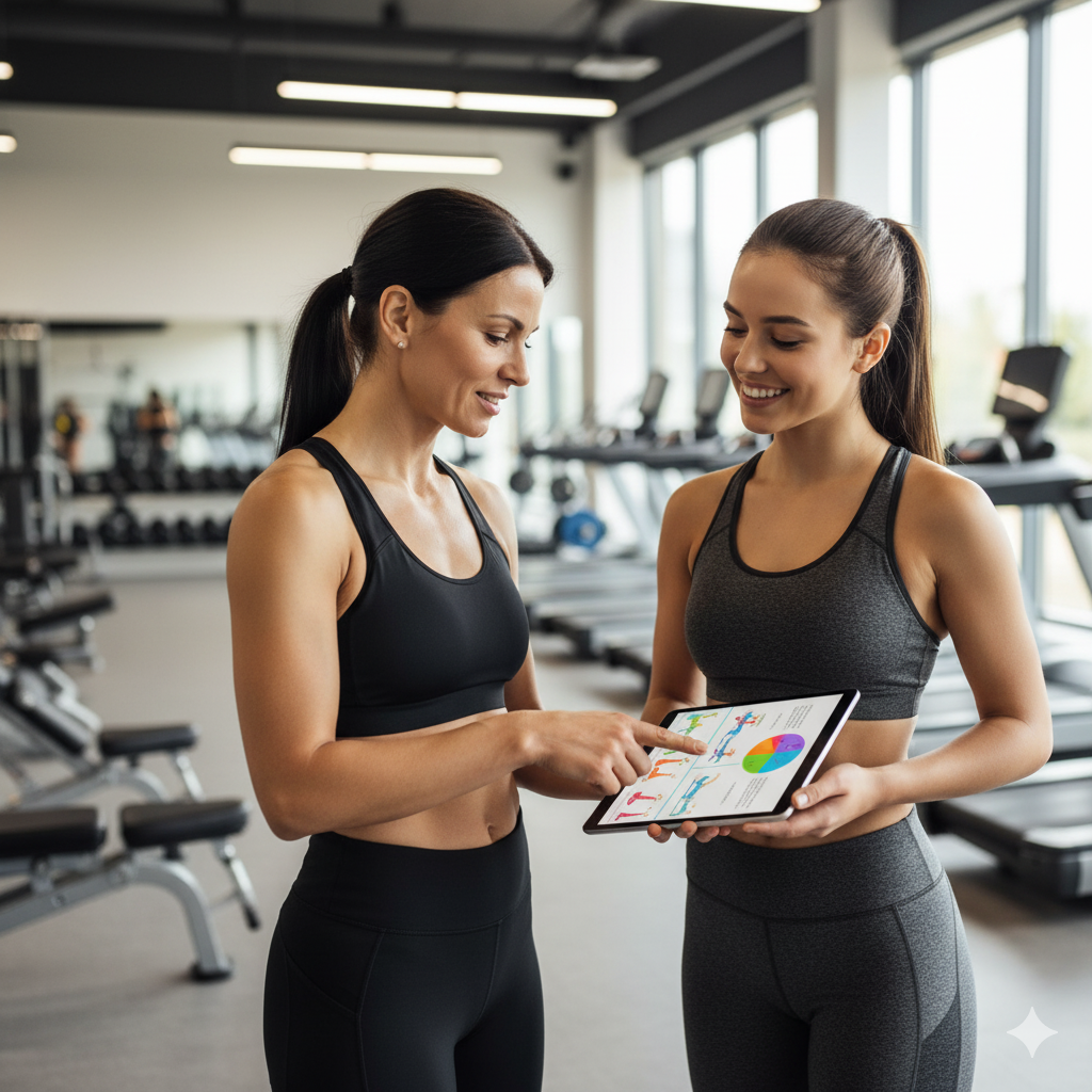 女性トレーナーと若い女性がタブレットを見ながらトレーニングプランについて話し合っている様子。背景にはジム機器が見える。
