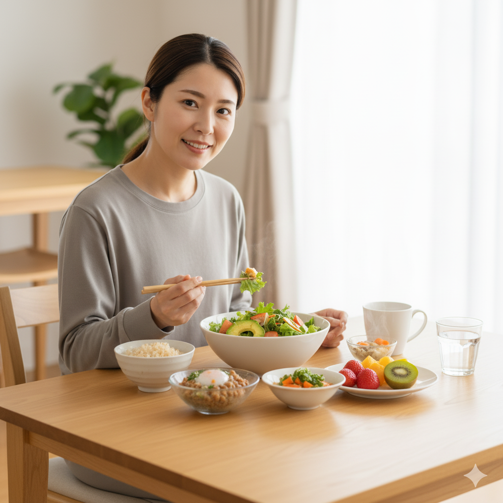 バランスの取れた食事で栄養を意識する女性。サラダや納豆など健康的なメニューが並ぶ食卓の様子。