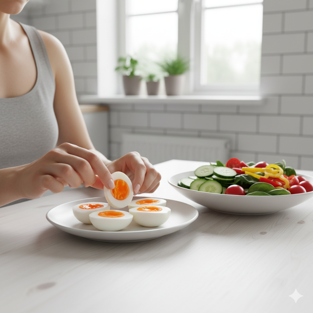 ゆで卵とカット野菜が並ぶヘルシーな軽食を、20〜30代女性が手に取っているシーン