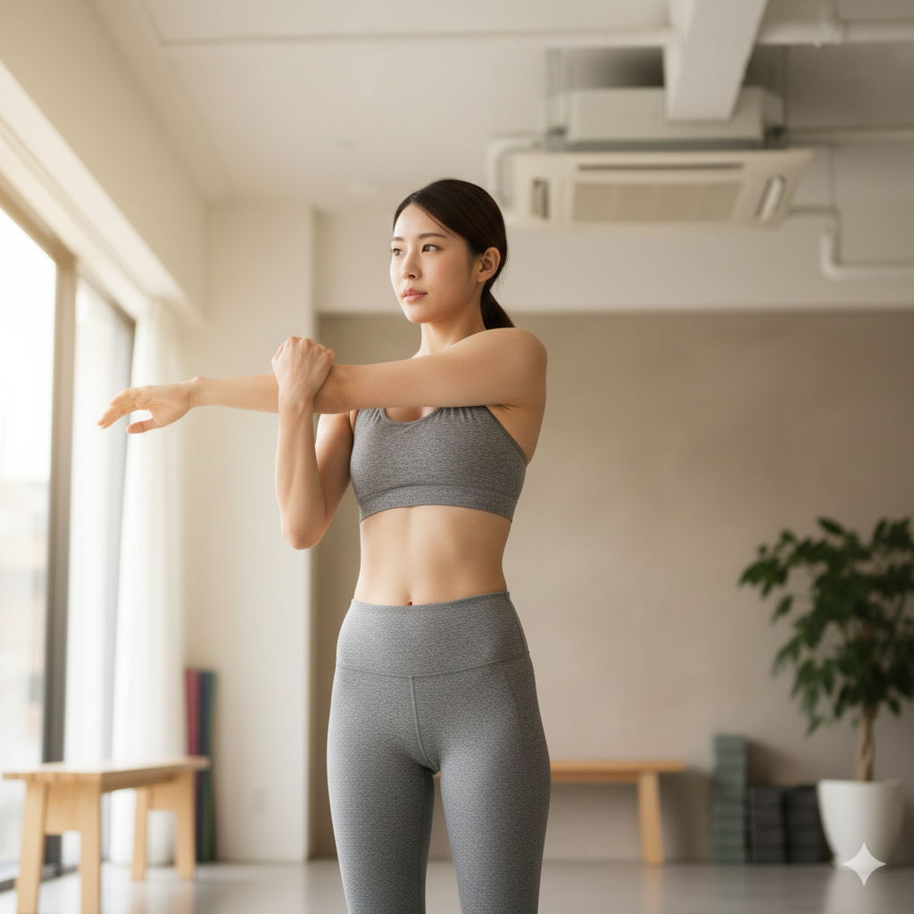 腕の筋肉痛を感じながら軽くストレッチを行う20代女性の写真。明るいフィットネススタジオで撮影されたリアルなイメージ。
