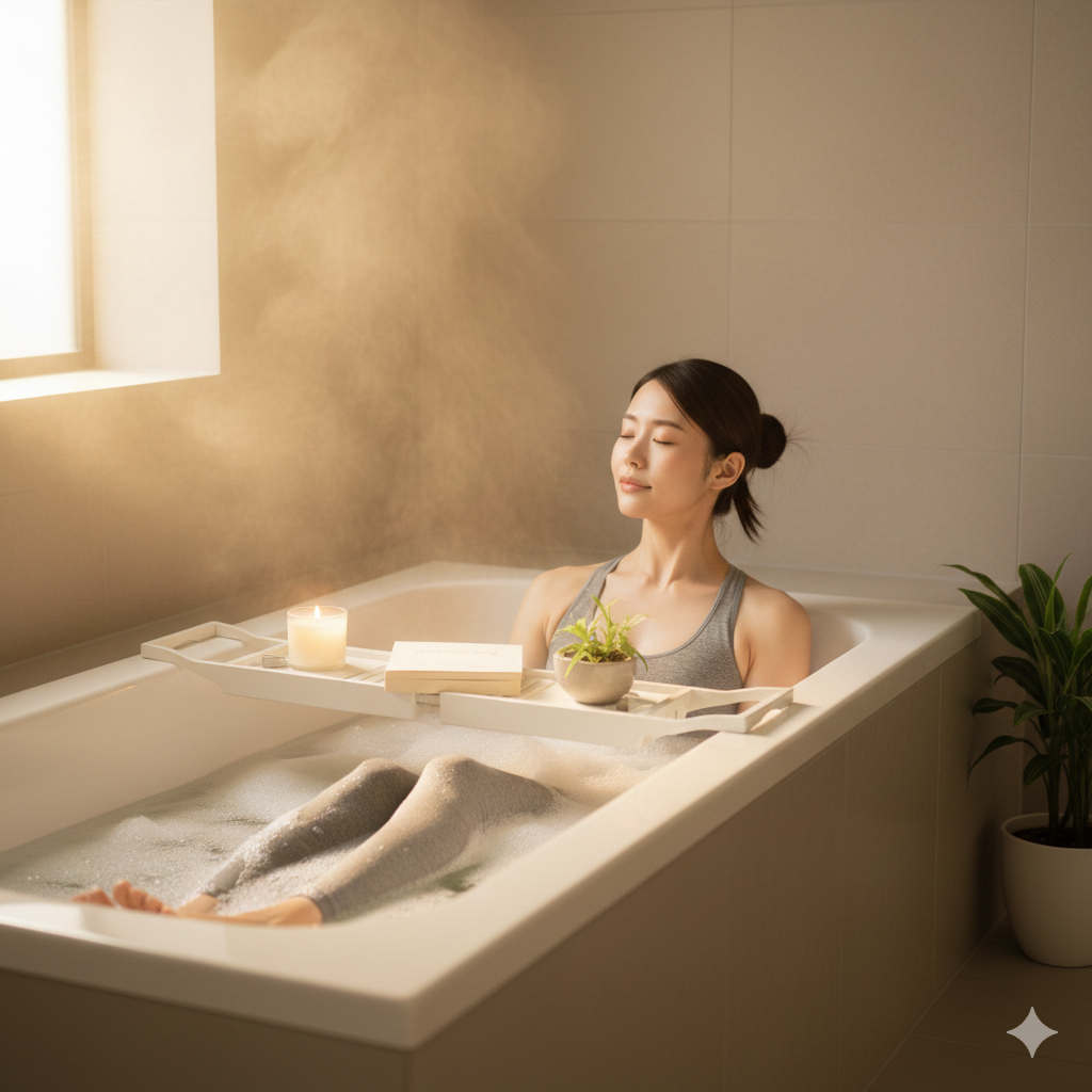 筋肉痛の回復のために軽いストレッチを行い、身体をリラックスさせている20代女性の写真。
