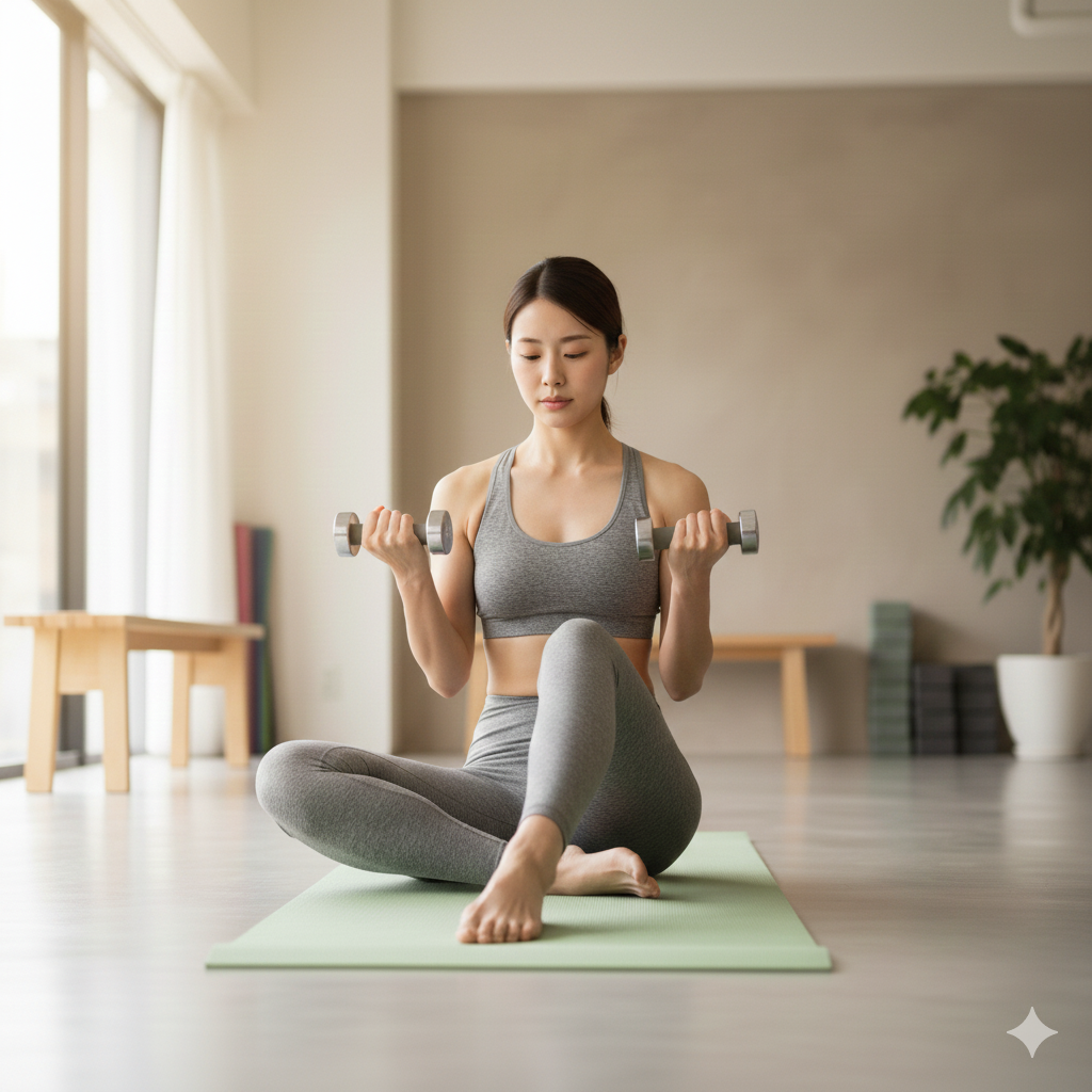 下半身を休ませながら上半身の軽いダンベルトレーニングを行う20代女性の写真。明るいフィットネススタジオで撮影されたイメージ。
