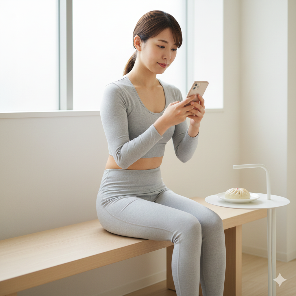 筋トレ30分前にまんじゅうを取り入れるタイミングを確認する女性