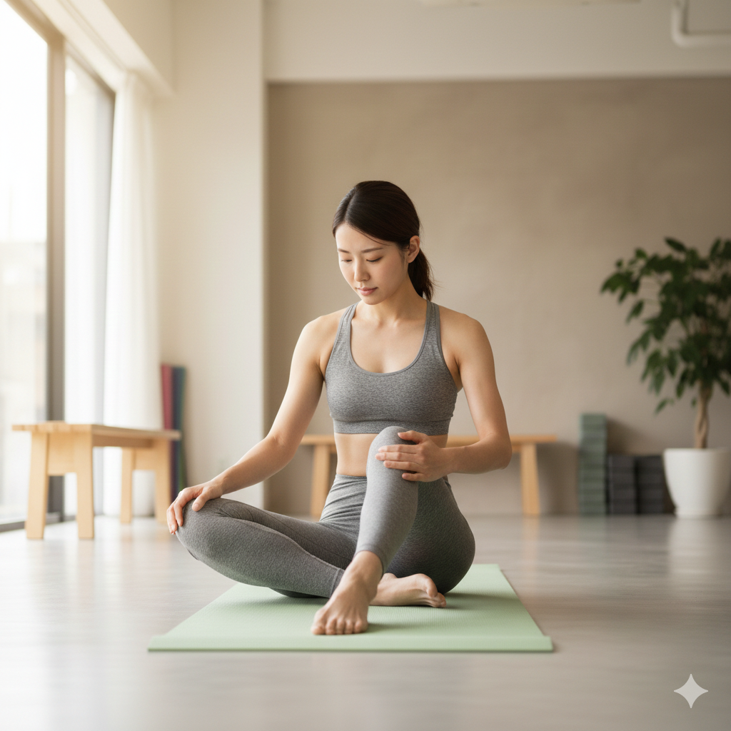 太ももの筋肉痛の状態を確認しながら座っている20代女性の写真。明るいスタジオで痛みの程度をチェックしている様子。
